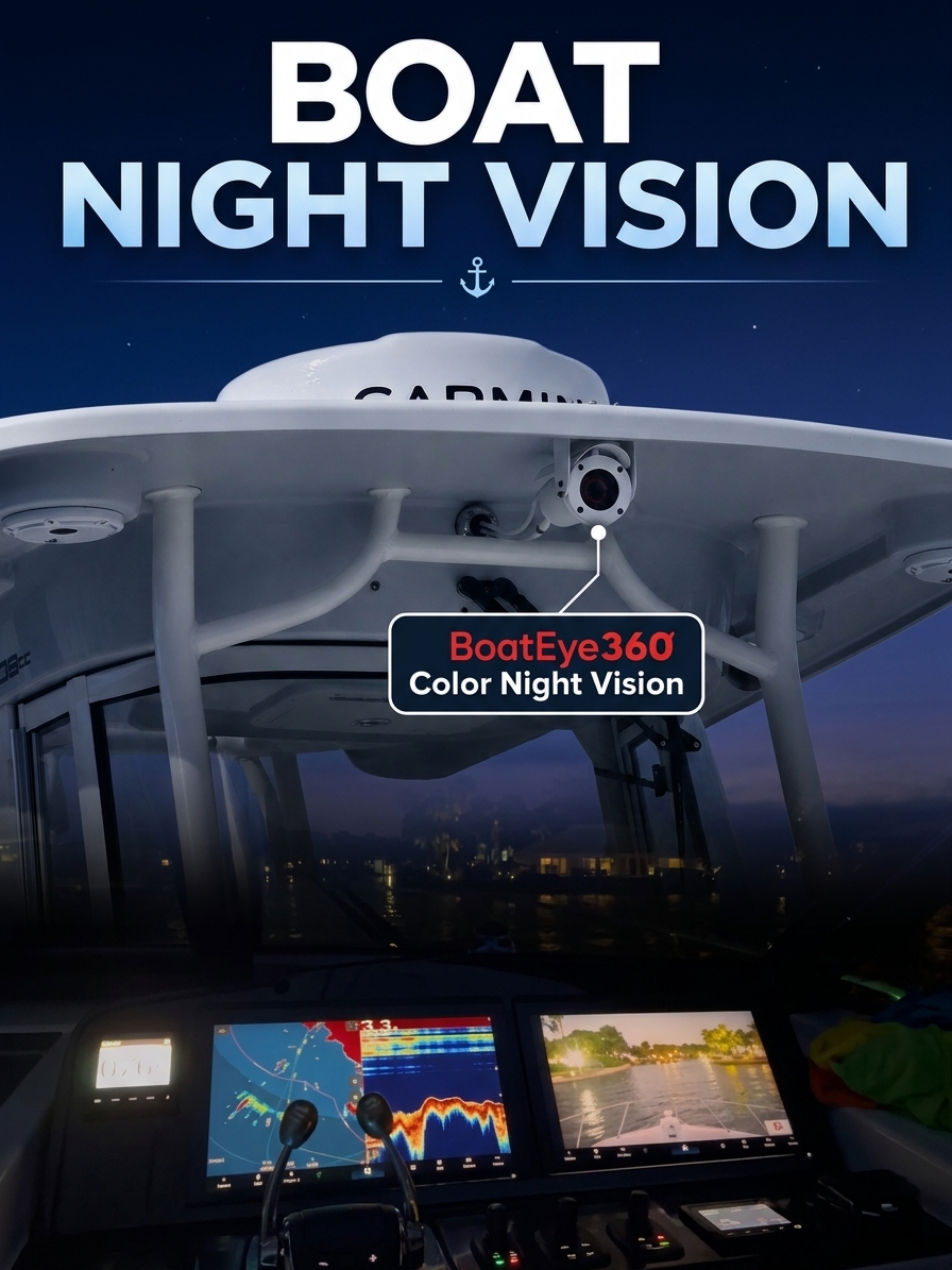 BoatEye360 color night vision camera mounted on a boat hardtop